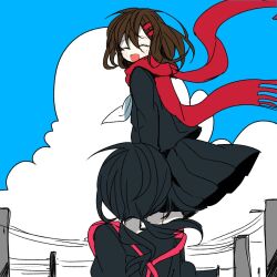 Rule 34 | 2girls, ^ ^, asahina hiyori, black serafuku, black shirt, black skirt, brown hair, closed eyes, closed mouth, cloud, cloudy sky, commentary request, day, dress, facing away, facing viewer, flat color, floating scarf, fringe trim, from behind, from side, hair between eyes, hair ornament, hairclip, kagerou project, kneehighs, korean commentary, long hair, long sleeves, low twintails, multiple girls, neckerchief, nyakuru (kanachiaki), open mouth, outdoors, pinafore dress, pink dress, pleated skirt, red scarf, scarf, school uniform, serafuku, shirt, skirt, sky, sleeveless, sleeveless dress, smile, socks, tateyama ayano, twintails, upper body, utility pole, white neckerchief, wind, winter uniform