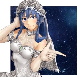 Rule 34 | 1girl, blue eyes, blue hair, breasts, bride, closed mouth, commentary request, dress, elbow gloves, gloves, halterneck, highres, kilye kairi, long hair, looking at viewer, maria traydor, smile, solo, star ocean, star ocean anamnesis, star ocean till the end of time, wedding dress