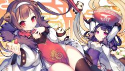 Rule 34 | 2girls, ao jun, arms up, azur lane, black legwear, breasts, brown hair, cake, china dress, chinese clothes, cleavage, cleavage cutout, clothing cutout, dress, dumpling, egg yolk, finger to mouth, food, food on face, fruit, fur trim, hair rings, hairband, jacket, kiwi (fruit), looking at viewer, multiple girls, ning hai (azur lane), noodles, open clothes, open jacket, panda, parted lips, pelvic curtain, ping hai (azur lane), purple dress, purple hair, ramen, red dress, red eyes, side slit, small breasts, strawberry, thighhighs, twintails