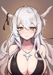 Rule 34 | 1girl, alternate costume, arknights, bad id, bad pixiv id, black one-piece swimsuit, blush, breasts, brown background, brown eyes, closed mouth, commentary, highres, horns, jewelry, large breasts, long hair, looking at viewer, necklace, one-piece swimsuit, pointy ears, purerin, shining (arknights), silver hair, slingshot swimsuit, smile, solo, swimsuit, symbol-only commentary, upper body, very long hair, white background