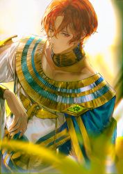 Rule 34 | 1boy, armor, blue cape, blurry, blurry foreground, brown eyes, cape, collarbone, commentary request, dohalim (tales), egyptian clothes, gem, gold armor, gold trim, hair between eyes, male focus, red hair, say hana, shirt, short hair, solo, tales of (series), tales of arise, upper body, usekh collar, vambraces, white shirt