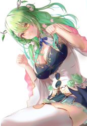 Rule 34 | 1girl, absurdres, antlers, blue dress, blush, breasts, ceres fauna, cleavage, closed mouth, dress, flower, green hair, grey hair, hair between eyes, hair flower, hair ornament, highres, hololive, hololive english, horns, large breasts, long hair, looking at viewer, mole, mole under eye, paw pose, simple background, sitting, smile, solo, thighhighs, virtual youtuber, white background, white thighhighs, yahan (mctr5253), yellow eyes