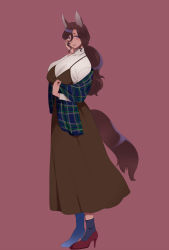 Rule 34 | 1girl, animal ears, black socks, blush, breasts, brown dress, dress, full body, hair between eyes, high heels, highres, impossible clothes, impossible sweater, large breasts, long dress, long hair, looking at viewer, mature female, mogiki hayami, original, pinafore dress, plaid, ponytail, purple eyes, shawl, simple background, sleeveless dress, smile, socks, solo, sweater, tail, turtleneck