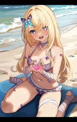 Rule 34 | absurdres, alice (grimlight), alternate costume, bandages, bandaid, beach, bikini, blue eyes, breasts, butterfly hair ornament, choker, grimlight, hair ornament, heart, heart-shaped pupils, highres, long hair, looking at viewer, medium breasts, non-web source, open mouth, sitting, smile, swimsuit, symbol-shaped pupils, wariza, wayanfa