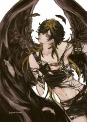 Rule 34 | 1boy, aimono jyushi, androgynous, belt, black belt, black hair, black shirt, black shorts, black wings, blonde hair, blue eyes, facing to the side, feathered wings, fingerless gloves, garter straps, gloves, hand on own chest, highres, hypnosis mic, long hair, male focus, multicolored hair, shirt, shorts, solo, wings, yumeutsupyon
