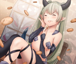 Rule 34 | 10s, 1girl, ^ ^, arm between breasts, blush, breasts, closed eyes, commentary request, cookie, dragon girl, dragon horns, eating, food, foodgasm, grey hair, hand on own cheek, hand on own face, happy, horns, isekai maou to shoukan shoujo no dorei majutsu, kelly 0w0, krebskulm, long hair, parted lips, pointy ears, revealing clothes, single thighhigh, sitting, small breasts, smile, solo, teeth, thighhighs, twintails, very long hair