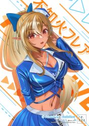Rule 34 | 1girl, absurdres, belt, blonde hair, blue bow, blue jacket, blue shirt, blue skirt, blush, bow, breasts, brown eyes, character name, cleavage, collarbone, copyright name, cropped jacket, cropped shirt, dark-skinned female, dark skin, floating hair, hair bow, haow, highres, hololive, jacket, long hair, long pointy ears, looking at viewer, medium breasts, multicolored hair, navel, open mouth, pacific racing team, pointy ears, race queen, shiranui flare, shirt, skirt, smile, solo, streaked hair, very long hair, virtual youtuber, white belt