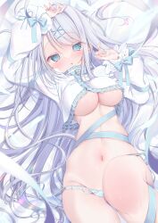 Rule 34 | 1girl, aqua eyes, arms up, bed sheet, blue ribbon, blush, bow, breasts, cropped shirt, grey hair, hair ornament, highres, large breasts, long hair, long sleeves, looking at viewer, lying, navel, on back, on bed, original, panties, parted lips, ribbon, side-tie panties, solo, tenti0619, underboob, underwear, x hair ornament