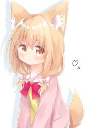 Rule 34 | 1girl, absurdres, animal ear fluff, animal ears, blonde hair, bow, bowtie, brown eyes, cardigan, commentary request, flat chest, hair bow, heart, highres, light brown hair, low twintails, medium hair, nakkar, open cardigan, open clothes, original, pleated skirt, shirt, skirt, smile, tail, twintails, white skirt