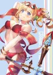 Rule 34 | 10s, 1girl, arm behind head, arm up, beads, bikini, blonde hair, blue background, blue eyes, blush, bracelet, breasts, cleavage, copyright name, cowboy shot, cross-laced clothes, earrings, eyewear on head, female focus, flower, from side, glasses, granblue fantasy, hair flower, hair intakes, hair ornament, hairband, hibiscus, holding, holding weapon, jewelry, large breasts, leaf, light smile, long hair, looking at viewer, polearm, red bikini, shawl, side-tie bikini bottom, sidelocks, simple background, smile, solo, striped, striped background, sunglasses, swimsuit, thigh strap, twintails, underboob, uwatsuki isshiki, uwtk, wavy hair, weapon, zeta (granblue fantasy), zeta (summer) (granblue fantasy)