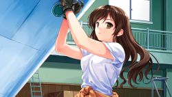 Rule 34 | 1girl, abhar, arms up, breasts, brown eyes, brown hair, game cg, gloves, highres, long hair, looking at viewer, misaki kurehito, mole, nakano hinata, open mouth, solo, standing, suiheisen made nan mile?, surprised, sweatdrop, window