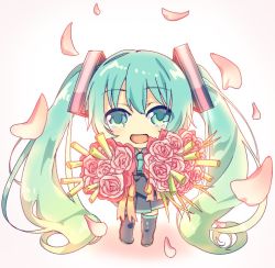 Rule 34 | 1girl, aqua eyes, aqua hair, aqua necktie, black skirt, black thighhighs, bouquet, chibi, commentary, falling petals, flower, full body, grey shirt, hair ornament, happy tears, harusamesyota, hatsune miku, holding, holding bouquet, long hair, looking at viewer, necktie, open mouth, petals, pink flower, pink rose, pleated skirt, rose, shirt, skirt, smile, solo, spring onion, tears, thighhighs, twintails, very long hair, vocaloid, white background