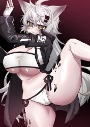 Rule 34 | 1girl, absurdres, animal ears, arknights, black jacket, breasts, cameltoe, cleavage, fingerless gloves, gloves, grin, highres, jacket, lappland (arknights), large breasts, leg up, long hair, long sleeves, looking at viewer, material growth, navel, open mouth, oripathy lesion (arknights), osiimi, panties, revealing clothes, scar, scar across eye, scar on face, smile, strapless, tail, teeth, tube top, underboob, underwear, white gloves, white hair, white panties, wolf, wolf ears, wolf girl, wolf tail, yellow eyes