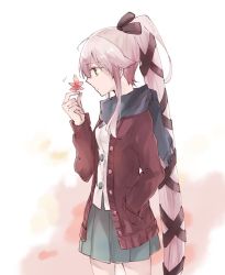 Rule 34 | 1girl, cowboy shot, from side, green eyes, hand in pocket, holding, holding leaf, kantai collection, kuromaru mn, leaf, long hair, pink hair, pleated skirt, ponytail, scarf, simple background, skirt, solo, very long hair, white background, yura (kancolle)