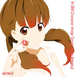 Rule 34 | 00s, 1girl, bare shoulders, brown eyes, brown hair, character single, extra, food, fruit, holding, holding food, holding fruit, igashiko, k-on!, solo, strawberry, twintails, wakaouji ichigo