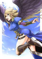 Rule 34 | 1girl, :d, angel wings, armor, armored dress, black wings, blonde hair, boots, breasts, breath of fire, breath of fire ii, clash kuro neko, cloud, day, dress, female focus, green eyes, highres, knee boots, large breasts, legs, long hair, long legs, looking at viewer, nina (breath of fire ii), open mouth, shoe soles, side slit, sky, smile, solo, thighs, wings