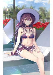 Rule 34 | 1girl, absurdres, beach chair, beach umbrella, bikini, black hair, blurry, blurry background, blush, breasts, choker, closed mouth, crossed legs, day, feet out of frame, floral print, flower, hat, highres, jewelry, kasumigaoka utaha, kikuwata, large breasts, legs, long hair, navel, necklace, official alternate costume, outdoors, palm tree, pillarboxed, red eyes, red flower, saenai heroine no sodatekata, sarong, scrunchie, shade, sitting, smile, solo, stomach, sun hat, swimsuit, thighs, tree, umbrella, wavy hair, white hat, wrist scrunchie