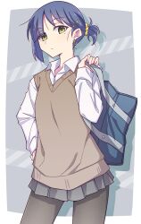 Rule 34 | 1girl, alternate costume, bag, blue hair, blush, bocchi the rock!, border, closed mouth, collared shirt, diagonal stripes, dress shirt, e20, earrings, grey background, grey pantyhose, grey skirt, hair ornament, hair scrunchie, hairclip, hand up, highres, holding, holding bag, jewelry, long sleeves, looking at viewer, miniskirt, mole, mole under eye, outside border, pantyhose, pleated skirt, ponytail, school bag, school uniform, scrunchie, shirt, single sidelock, skirt, sleeves past wrists, solo, striped, striped background, sweater vest, white border, white shirt, yamada ryo, yellow scrunchie