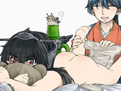 Rule 34 | 10s, 2girls, ass, bai lao shu, barefoot, black hair, blue hair, butt crack, diaper, embarrassed, closed eyes, headgear, houshou (kancolle), japanese clothes, kantai collection, long hair, lying, motherly, multiple girls, mutsu (kancolle), mutsu (kantai collection), mutsu (snail), nagato (kancolle), hugging object, on stomach, open mouth, red eyes, simple background, stuffed animal, stuffed toy, tears, aged down