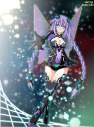 Rule 34 | 10s, 1girl, armor, bad id, bad pixiv id, black footwear, black thighhighs, blue eyes, bodysuit, boots, braid, breasts, cjy, cleavage, cleavage cutout, clothing cutout, covered navel, cross, crossed legs, dated, emblem, female focus, foreshortening, gloves, glowing, greaves, grid, hair ornament, hexagon, highres, hip focus, large breasts, leotard, light particles, light smile, long hair, looking at viewer, magical girl, neptune (neptunia), neptune (series), outstretched arm, power symbol, power symbol-shaped pupils, purple hair, purple heart (neptunia), signature, smile, solo, standing, symbol-shaped pupils, thigh boots, thigh gap, thighhighs, transparent wings, twin braids, vambraces, very long hair, watson cross, wings