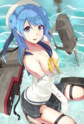 Rule 34 | 10s, 1girl, bare shoulders, beret, blue eyes, blue hair, breast slip, cannon, censored, convenient censoring, damaged, double bun, elbow gloves, gloves, hair bun, hat, highres, in water, kantai collection, looking at viewer, machinery, matching hair/eyes, neckerchief, o zone, one breast out, open mouth, pleated skirt, sailor collar, school uniform, serafuku, shirt, sitting, skirt, sleeves rolled up, smoke, solo, thigh strap, torn clothes, torn neckerchief, torn shirt, torn skirt, turret, urakaze (kancolle), white gloves, white hat