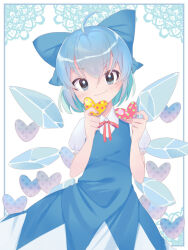 Rule 34 | 1girl, ahoge, blue bow, blue dress, blue eyes, blue hair, blush, bow, cirno, closed mouth, collared shirt, commentary request, cowboy shot, dress, flat chest, hair bow, heart, holding, holding heart, ice, ice wings, kari (atsuki 565), looking at viewer, neck ribbon, pinafore dress, red ribbon, ribbon, shirt, short hair, sleeveless dress, smile, solo, touhou, v-shaped eyebrows, white background, white shirt, wings