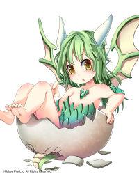 Rule 34 | 1girl, bare shoulders, barefoot, child, dragon girl, egg, eggshell, green hair, long hair, looking at viewer, simple background, solo, suoni (deeperocean), tail, white background, wings, yellow eyes