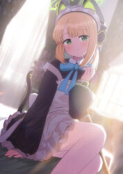 Rule 34 | 1girl, animal ears, apron, blonde hair, blue archive, blue bow, bow, cat ears, closed mouth, crossed legs, dress, fake animal ears, fake tail, frilled dress, frills, green eyes, green halo, halo, headphones, highres, kaine (gupisgood), light smile, long sleeves, looking at viewer, maid, maid apron, medium hair, midori (blue archive), midori (maid) (blue archive), pantyhose, sitting, smile, sunlight, tail, white pantyhose