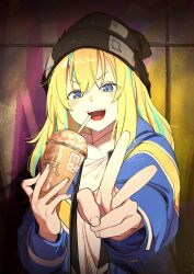 Rule 34 | 1girl, absurdres, black hat, blonde hair, blue eyes, blue hair, blue jacket, chou (danny8461), coffee cup, cup, disposable cup, drinking straw, hat, highres, holding, holding cup, jacket, long hair, long sleeves, looking at viewer, multicolored hair, open mouth, solo, stone wall, two-tone hair, upper body, very long hair, wall, yamanouchi kano, yoru no kurage wa oyogenai