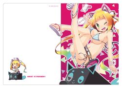 Rule 34 | &gt; &lt;, 1girl, :&gt;, ;d, animal, anklet, bad id, bad pixiv id, beatstream, belt, bemani, bikini, bisco, bisco (beatstream), blonde hair, breasts, buckle, cat, chibi, closed eyes, feet, full body, green eyes, hirose madoka, jewelry, large breasts, legs up, long hair, looking at viewer, navel, one eye closed, open mouth, sandals, shoe dangle, smile, solo, striped bikini, striped clothes, swimsuit, takahashi-san, toes, twintails, v, wrist cuffs