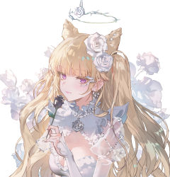 Rule 34 | 1girl, absurdres, black flower, blonde hair, blunt bangs, breasts, closed mouth, commentary, cone hair bun, dress, english commentary, flower, hair bun, hair flower, hair ornament, halo, hand up, highres, holding, holding flower, juliet sleeves, long hair, long sleeves, looking at viewer, medium breasts, okku, original, puffy sleeves, purple eyes, rose, simple background, solo, upper body, white background, white dress, white flower, white rose