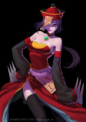Rule 34 | 1girl, absurdres, bare shoulders, black background, black hair, black panties, black thighhighs, chinese clothes, choker, claw (weapon), detached sleeves, evil smile, gem, haje, hand on own hip, hat, highleg, highleg panties, highres, jiangshi, looking at viewer, midriff, navel, one eye covered, original, panties, qingdai guanmao, red eyes, side slit, simple background, slit pupils, smile, solo, strapless, talisman, thighhighs, tube top, underwear, weapon, zombie