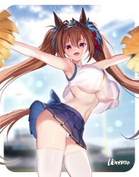 Rule 34 | 1girl, :d, absurdres, animal ears, arm up, armpits, arms up, artist name, bare arms, bare shoulders, blue skirt, blurry, blurry background, border, breasts, brown hair, cheerleader, cleavage, clothes writing, commentary, cowboy shot, daiwa scarlet (umamusume), grey background, hair between eyes, hair intakes, hand on own hip, heart, highres, holding, holding pom poms, horse ears, horse girl, long hair, looking at viewer, medium breasts, midriff, miniskirt, navel, open mouth, panties, pleated skirt, pom pom (cheerleading), pom poms, red eyes, shirt, skirt, sleeveless, sleeveless shirt, smile, solo, standing, sweat, symbol-only commentary, thighhighs, thighs, tiara, twintails, ugohato, umamusume, underboob, underwear, very long hair, white background, white border, white panties, white thighhighs, wristband