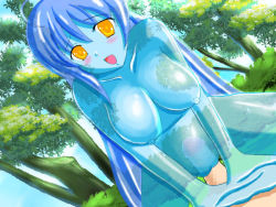 Rule 34 | 1boy, 1girl, ahoge, blue hair, blue skin, blush, breasts, censored, colored skin, dutch angle, forest, girl on top, hetero, looking at viewer, monster girl, mosaic censoring, nature, nipples, nude, open mouth, outdoors, penis, pov, pussy, sex, slime girl, smile, transparent, vaginal, yellow eyes, yumeutsutsu hideki