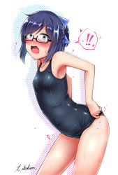 Rule 34 | !, !!, 1girl, a-chan (hololive), adjusting clothes, adjusting swimsuit, aqua eyes, black-framed eyewear, black one-piece swimsuit, blue hair, blue headwear, blush, bow, breasts, cowboy shot, embarrassed, glasses, hair bow, highres, hololive, one-piece swimsuit, open mouth, school swimsuit, sekino takehiro, short hair, simple background, small breasts, solo, spoken exclamation mark, standing, swept bangs, swimsuit, virtual youtuber, white background