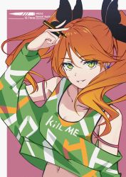 1girl, absurdres, arm up, bare shoulders, black ribbon, bra strap, breasts, bullet, character request, cleavage, collarbone, commentary request, copyright request, earrings, english text, green eyes, green shirt, hair ribbon, highres, holding bullet, jewelry, long hair, long sleeves, looking at viewer, multicolored, multicolored eyes, multicolored shirt, navel, open mouth, orange eyes, orange hair, pink background, ribbon, shirt, smile, solo, strap slip, stud earrings, twintails, two-tone background, upper body, v, white background, xiukukkii