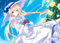 Rule 34 | 1girl, :o, black gloves, blonde hair, blue eyes, blush, cloud, day, dress, dutch angle, elbow gloves, floating hair, flower, frilled dress, frills, gloves, hat, hat ribbon, hinoto, interlocked fingers, long hair, looking at viewer, original, outdoors, own hands clasped, own hands together, ribbon, rose, sidelocks, sky, solo, very long hair, white dress, white hat, yellow flower, yellow rose