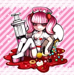 Rule 34 | 1girl, agi (neckless), blunt bangs, boots, border, breasts, cake, cleavage, closed mouth, diagonal stripes, doughnut, food, food-themed hair ornament, full body, glint, hair ornament, high heels, lace, lace border, macaron, milk (pop&#039;n music), nurse, open clothes, open shirt, ornate border, pink eyes, pink hair, platform footwear, pop&#039;n music, red eyes, shirt, short sleeves, sitting, smile, solo, strawberry hair ornament, striped, syringe, thigh boots, thighhighs, white footwear, white shirt, white thighhighs