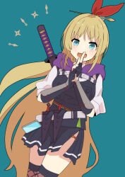 Rule 34 | 1girl, absurdres, arm guards, blonde hair, buttons, double-breasted, fishnet thighhighs, fishnets, green background, heaven burns red, highres, kanzaki adelheid, kunai, long hair, ninja, open mouth, pelvic curtain, ponytail, red ribbon, ribbon, sidelocks, solo, sword, thighhighs, wachiji, weapon