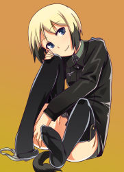 Rule 34 | 1girl, bad id, bad pixiv id, blonde hair, blue eyes, bottomless, erica hartmann, feet, flat chest, multicolored hair, ningen (ningen96), ningen (ningen (96), no panties, panties, short hair, solo, strike witches, tail, thighhighs, two-tone hair, underwear, uniform, world witches series