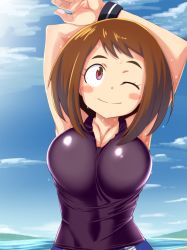 Rule 34 | 10s, 1girl, ;), armpits, arms up, bare shoulders, blue sky, blush stickers, boku no hero academia, breasts, brown hair, cleavage, cloud, covered navel, day, large breasts, looking at viewer, ocean, one eye closed, outdoors, pants, purple eyes, short hair, sky, smile, solo, stretching, sweat, tamezou, tank top, track pants, uraraka ochako, wristband