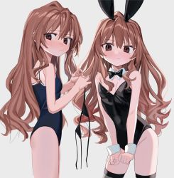 Rule 34 | 1girl, aisaka taiga, animal ears, bare shoulders, black bra, black legwear, blue one-piece swimsuit, blush, bow, bowtie, bra, unworn bra, brown eyes, brown hair, closed mouth, commentary request, detached collar, embarrassed, facing viewer, fake animal ears, from side, hair between eyes, highres, holding, holding bra, holding clothes, holding underwear, leotard, long hair, looking at viewer, looking to the side, luicent, multiple views, one-piece swimsuit, playboy bunny, rabbit ears, simple background, standing, strapless, strapless leotard, swimsuit, toradora!, underwear, white background, wrist cuffs