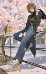 Rule 34 | 1boy, against railing, akechi gorou, alternate costume, bag, bag over shoulder, black coat, black shirt, blue pants, brown cardigan, brown hair, building, cardigan, casual, cherry blossoms, cherry tree, city, coat, coffee cup, cup, disposable cup, glasses, highres, holding, holding bag, holding cup, leaning, leg up, male focus, medium hair, open clothes, open coat, outdoors, pants, parted lips, persona, persona 5, persona 5 the royal, railing, red eyes, round eyewear, shirt, shoes, sign, sneakers, solo, teeth, turtleneck, turtleneck shirt, white footwear, yuirua55234