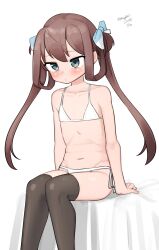 Rule 34 | 1girl, absurdres, asagumo (kancolle), bikini, black thighhighs, brown hair, feet out of frame, flat chest, grey eyes, hair ribbon, hair rings, highres, kantai collection, long hair, maru (marg0613), one-hour drawing challenge, ribbon, side-tie bikini bottom, simple background, solo, swimsuit, thighhighs, twintails, white background, white bikini