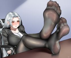 Rule 34 | 1girl, arms under breasts, black pantyhose, blush, breasts, chair, collarbone, crossed ankles, edelgard von hresvelg, feet, feet on table, feet up, foot focus, highres, large breasts, long hair, looking at viewer, nikishiko, office chair, office lady, pantyhose, parted lips, red eyes, soles, swivel chair, table, toes, white hair