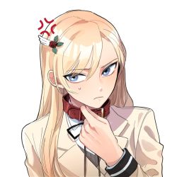Rule 34 | 1girl, anger vein, animal collar, black ribbon, blonde hair, blue eyes, brown jacket, closed mouth, collar, collared shirt, commentary request, flower, frown, hair between eyes, hair flower, hair ornament, hand up, highres, jacket, kani uni, korean commentary, long hair, long sleeves, looking at viewer, neck ribbon, red collar, red flower, red rose, ribbon, rose, school uniform, shirt, shoujo kageki revue starlight, shoujo kageki revue starlight -re live-, simple background, solo, sweatdrop, swept bangs, upper body, white background, white shirt, yumeoji fumi