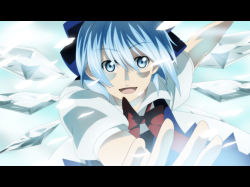 Rule 34 | 1girl, anime coloring, bad id, bad pixiv id, blue eyes, blue hair, bow, bowtie, cirno, fake screenshot, foreshortening, ice, letterboxed, matching hair/eyes, open mouth, red bow, setsu, short sleeves, solo, embodiment of scarlet devil, touhou, wings