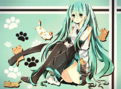 Rule 34 | 1girl, bad id, bad pixiv id, blush, boots, cat, detached sleeves, green eyes, green hair, hatsune miku, long hair, matching hair/eyes, necktie, sitting, skirt, solo, thigh boots, thighhighs, twintails, utsumi sae, very long hair, vocaloid