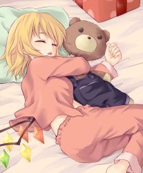Rule 34 | 1girl, ass, barefoot, blonde hair, box, breasts, commentary request, closed eyes, flandre scarlet, gift, gift box, long sleeves, lying, medium breasts, midriff, miyo (ranthath), no headwear, no headwear, hugging object, on side, open mouth, overalls, pajamas, pants, pillow, pocket, red pants, short hair, sleeping, solo, stuffed animal, stuffed toy, teddy bear, touhou, wings