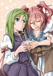 Rule 34 | 2girls, alcohol, arm ribbon, asymmetrical hair, blue eyes, choko (cup), cup, closed eyes, green hair, hair bobbles, hair ornament, kitsune maru, long sleeves, multiple girls, no headwear, no headwear, onozuka komachi, puffy short sleeves, puffy sleeves, red hair, ribbon, sake, shiki eiki, short sleeves, short twintails, smile, toasting (gesture), touhou, twintails, two side up, vest